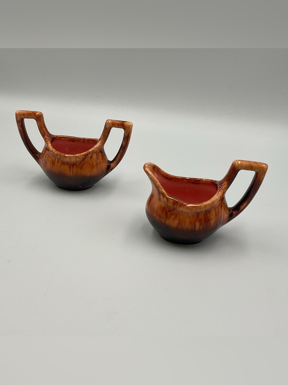 Retro Vintage Brown Drip Glaze Cream & Sugar Set Cat Eyes MCM Signed Pottery